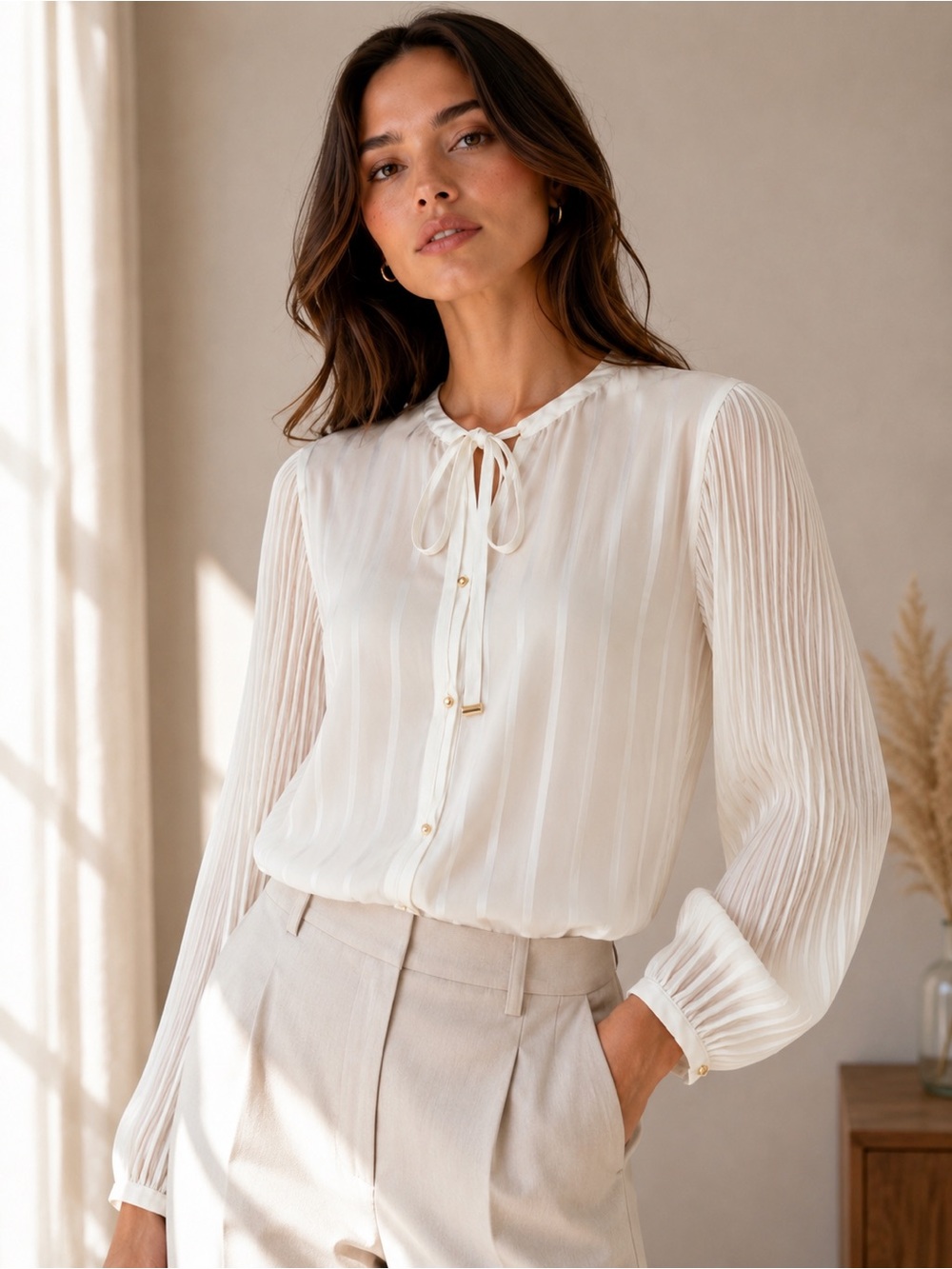 Zara NWT Ivory Sheer Stripe Tie Neck Pleated Sleeve Blouse XS